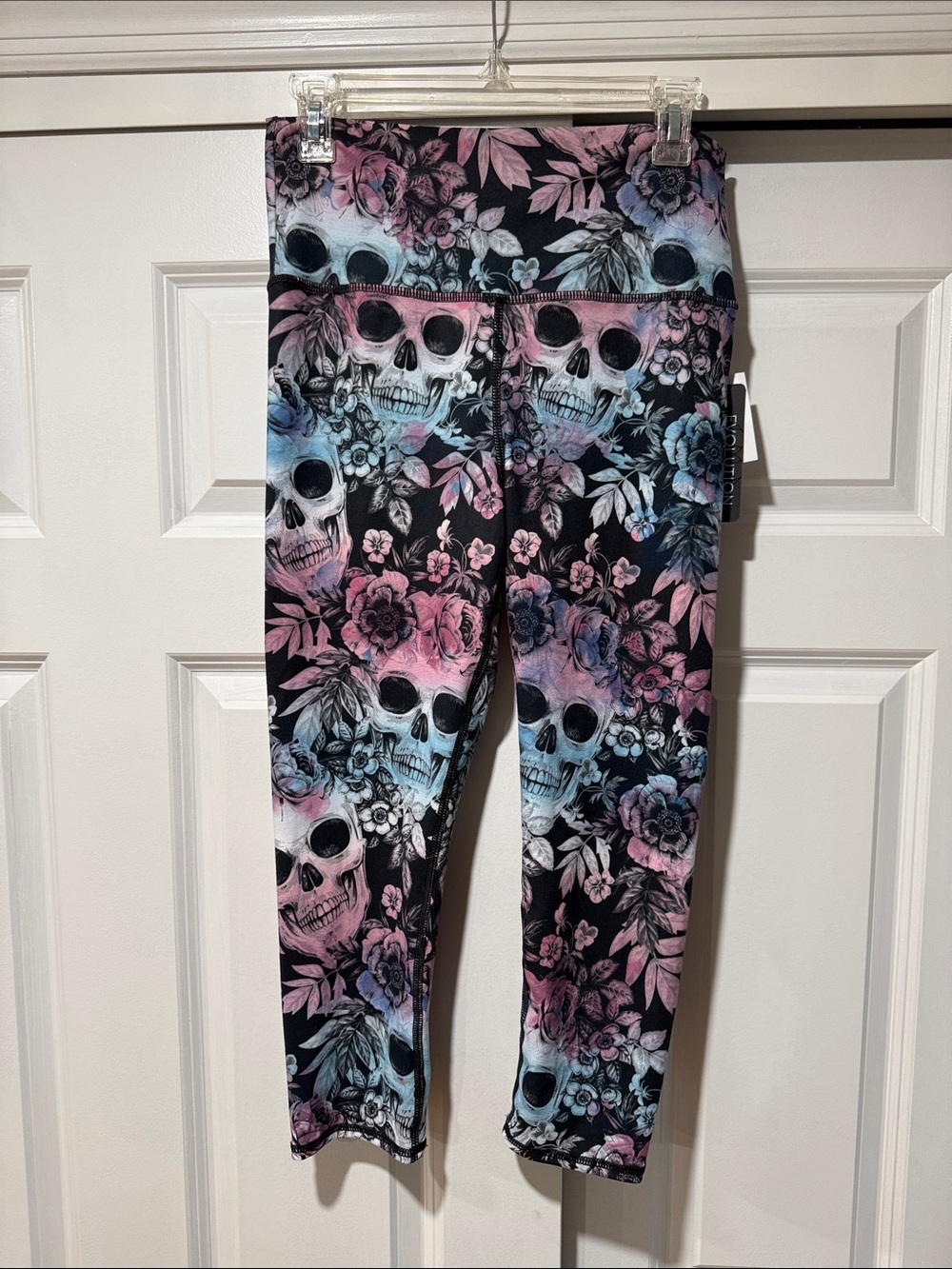 Evolution and Creation Girls Skull & Floral Leggings in Pink, Blue and Black